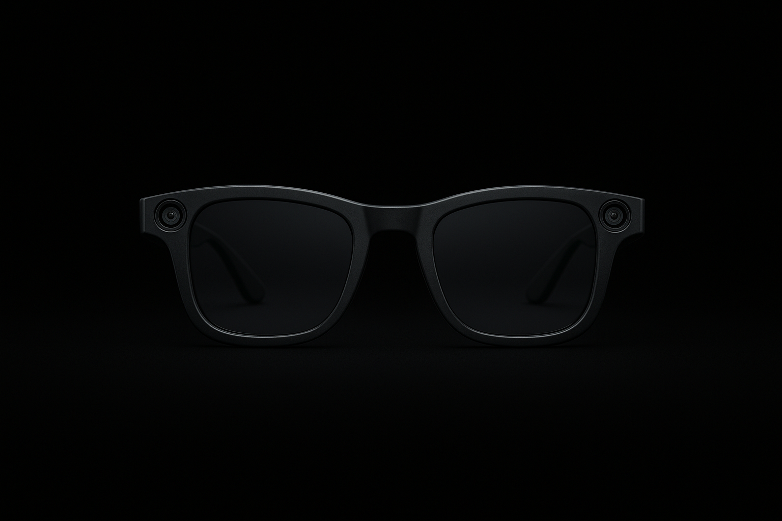 genera un immagine di occhiali che scattano foto e video con lo sfondo nero e lontani